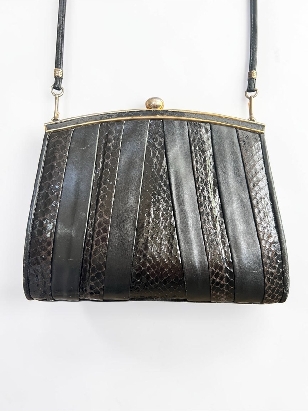Vintage 70s/80s Black Leather Snake Panel Convertible Clutch Shoulder Bag Gold
